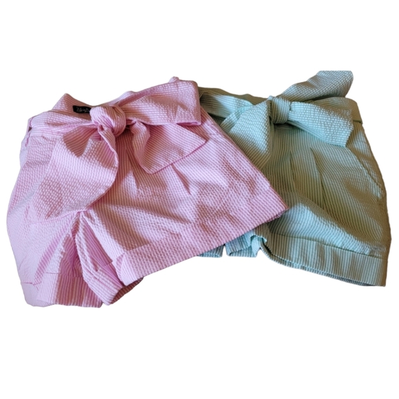 Lauren James Set of 2 Striped Seersucker Bow Shorts Pink and Green Size XS NWT - Picture 1 of 7